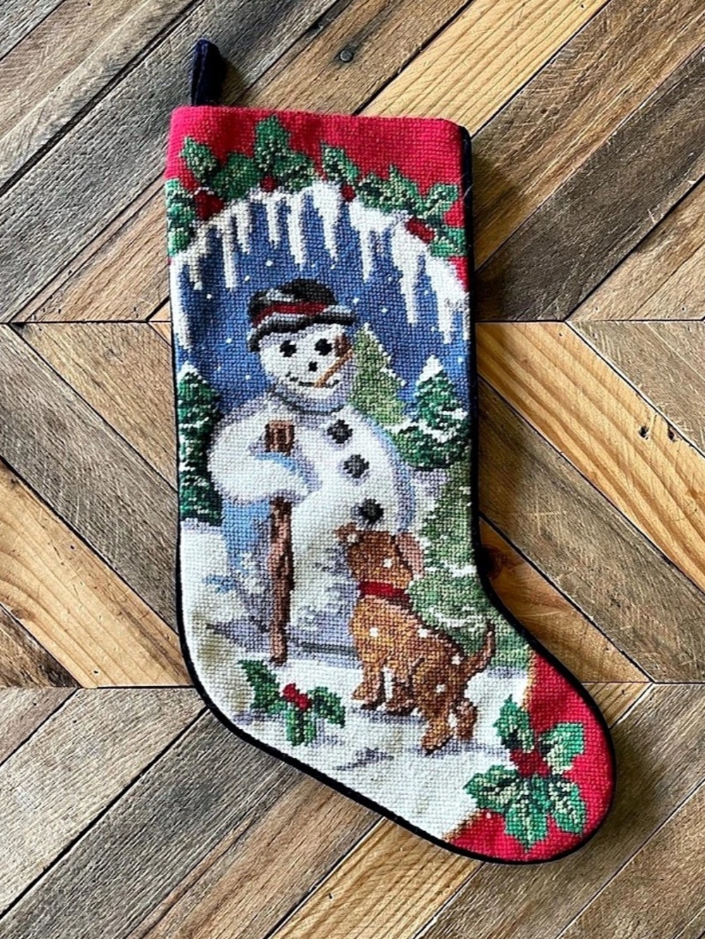 L.L. Bean Vintage Christmas Needlepoint Stocking - Snowman w/Puppy